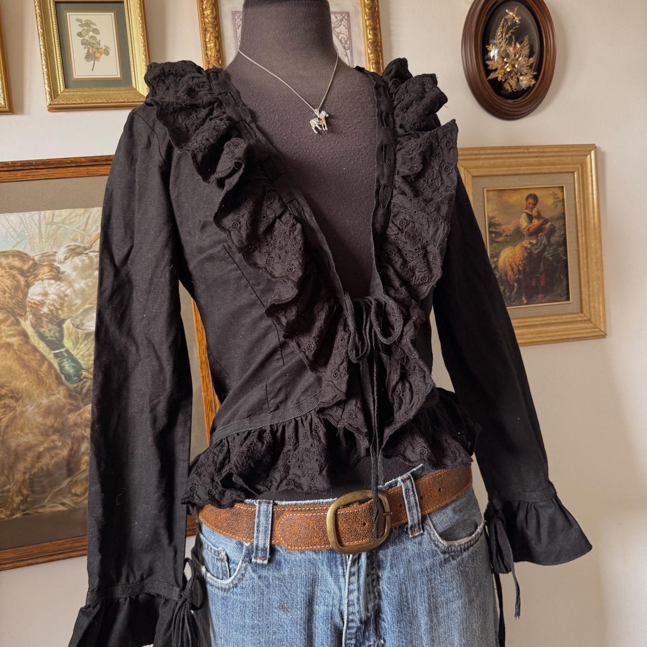 Black ruffle tie front blouse (S)