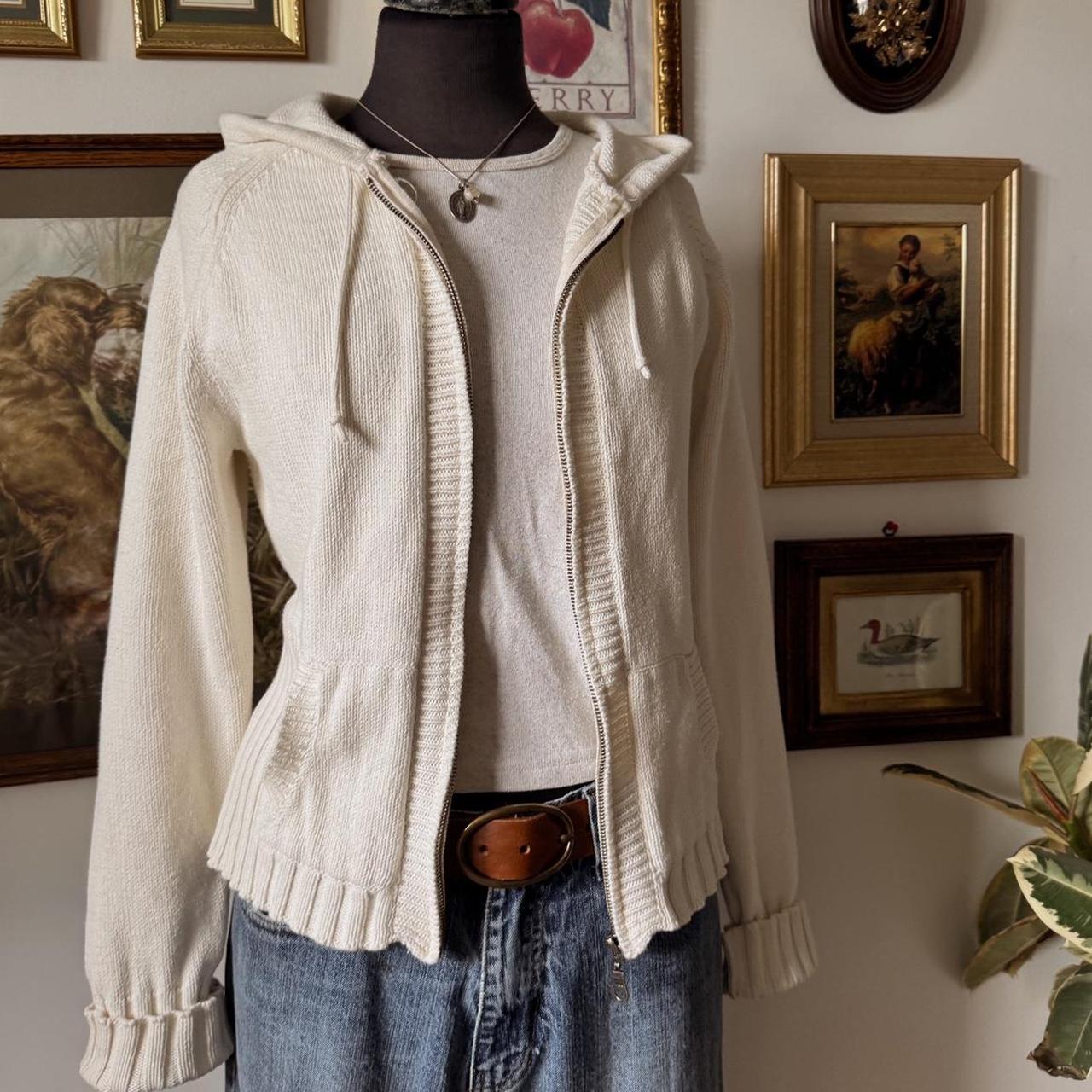 Cream white cotton knit hoodie (M)