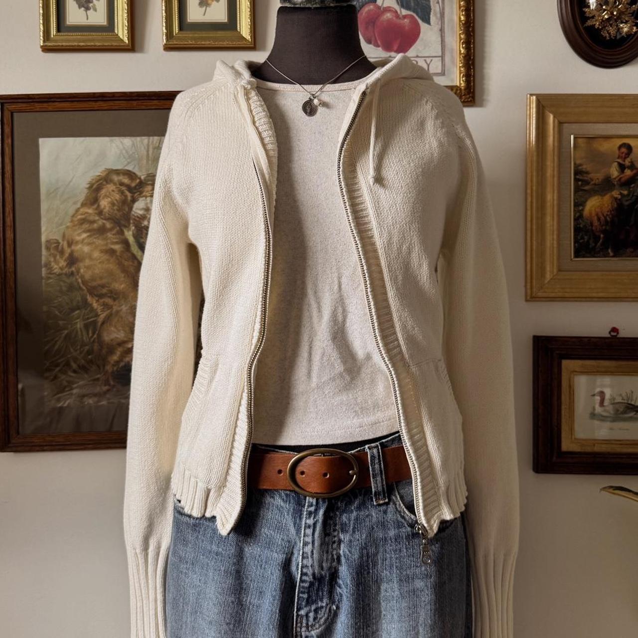 Cream white cotton knit hoodie (M)