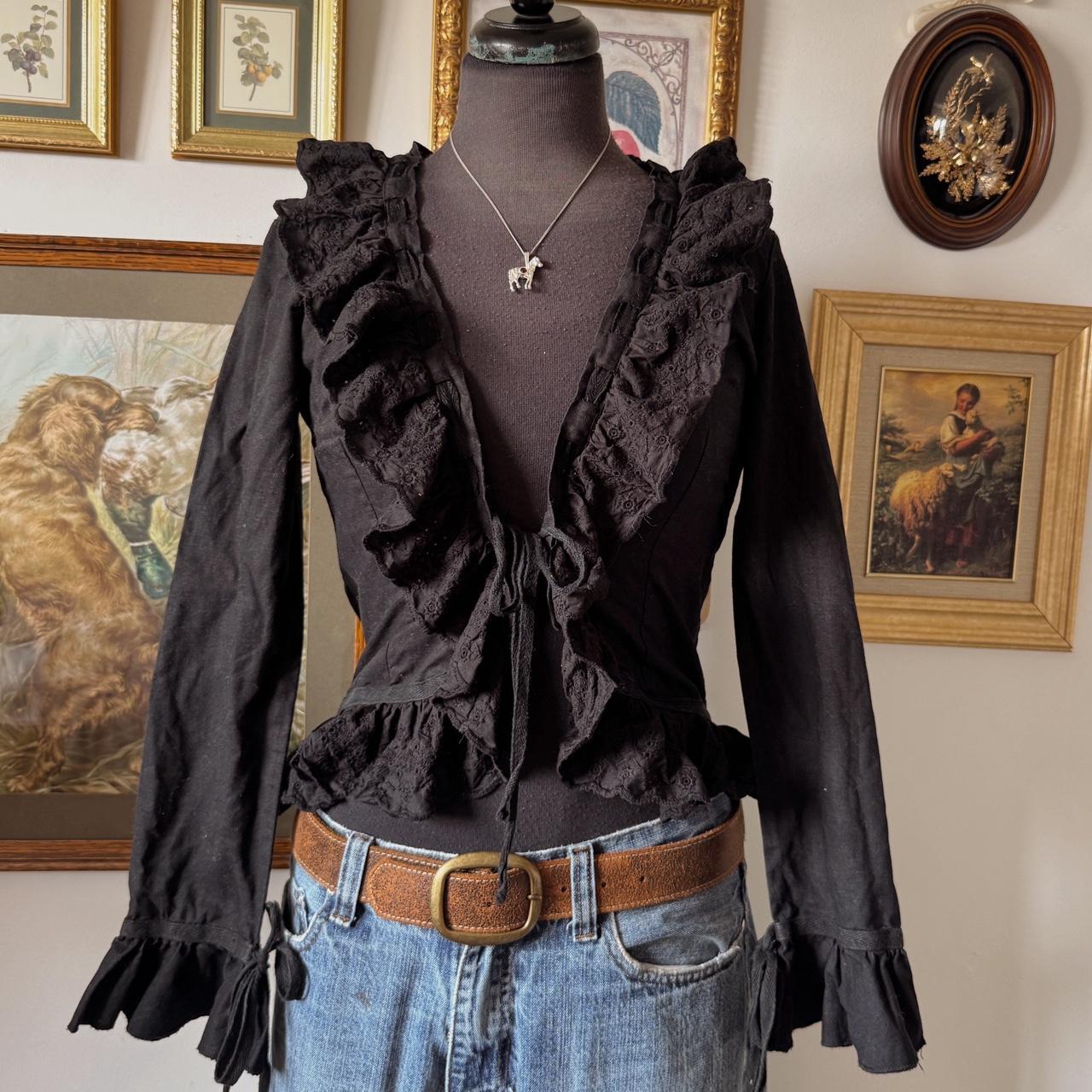 Black ruffle tie front blouse (S)