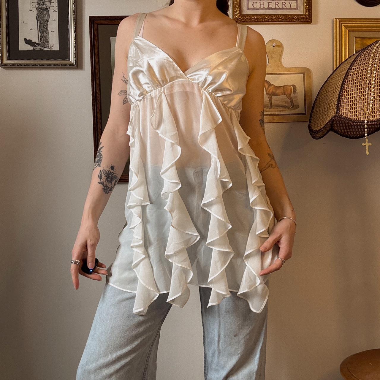 Cream ruffle sheer tank (L)