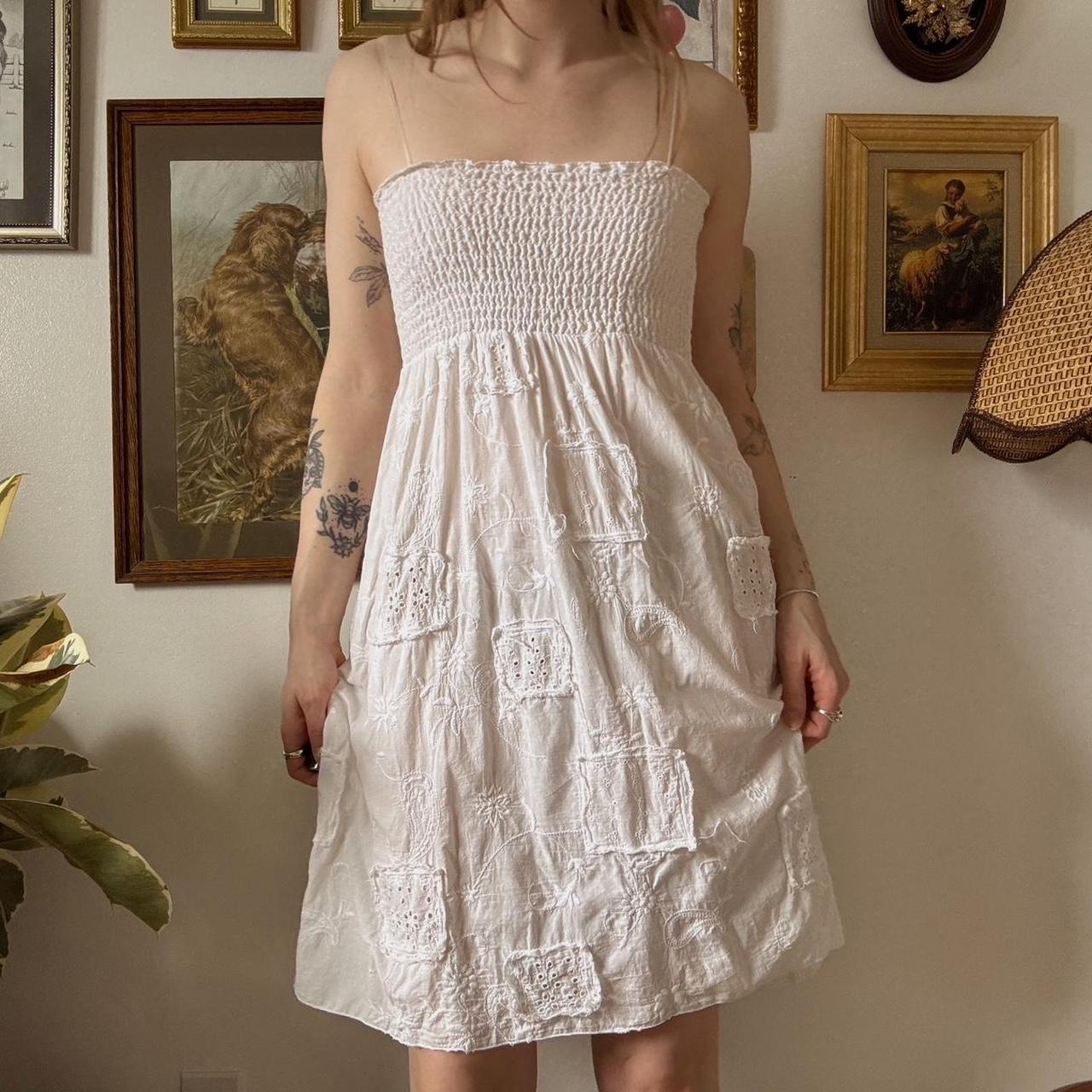 Whimsical patchwork white dress (M)