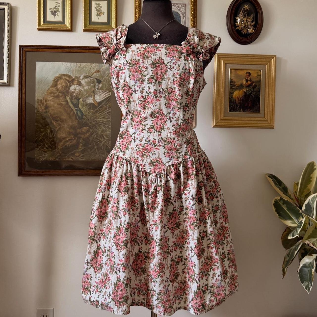Floral 80s drop waist dress (L)