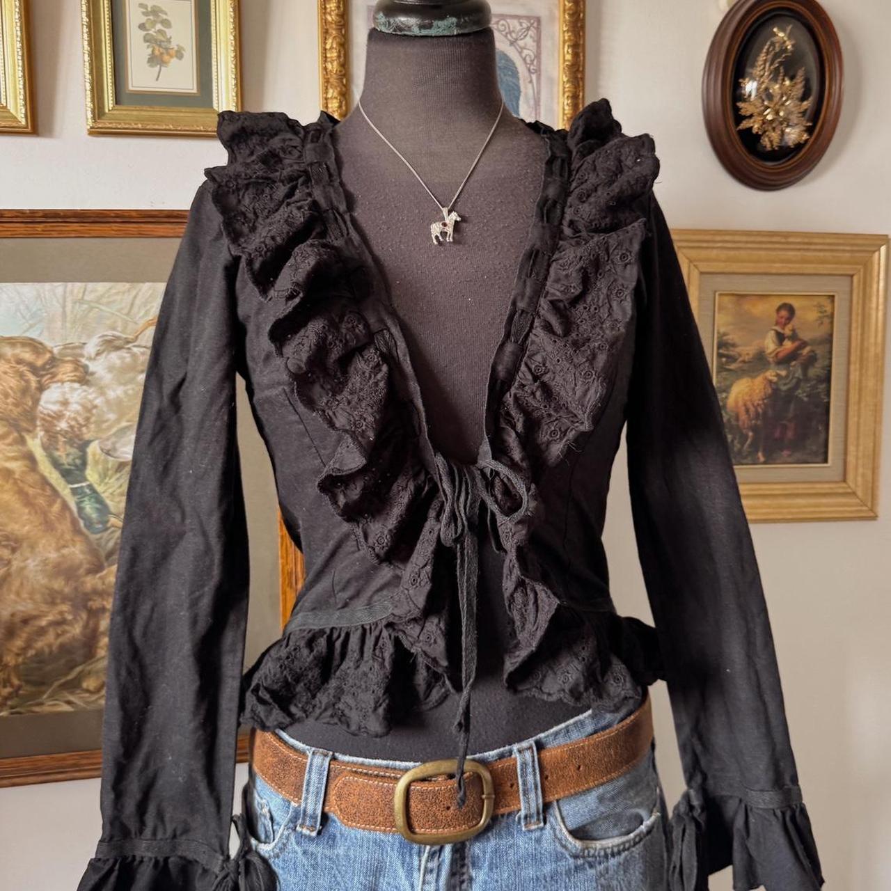 Black ruffle tie front blouse (S)