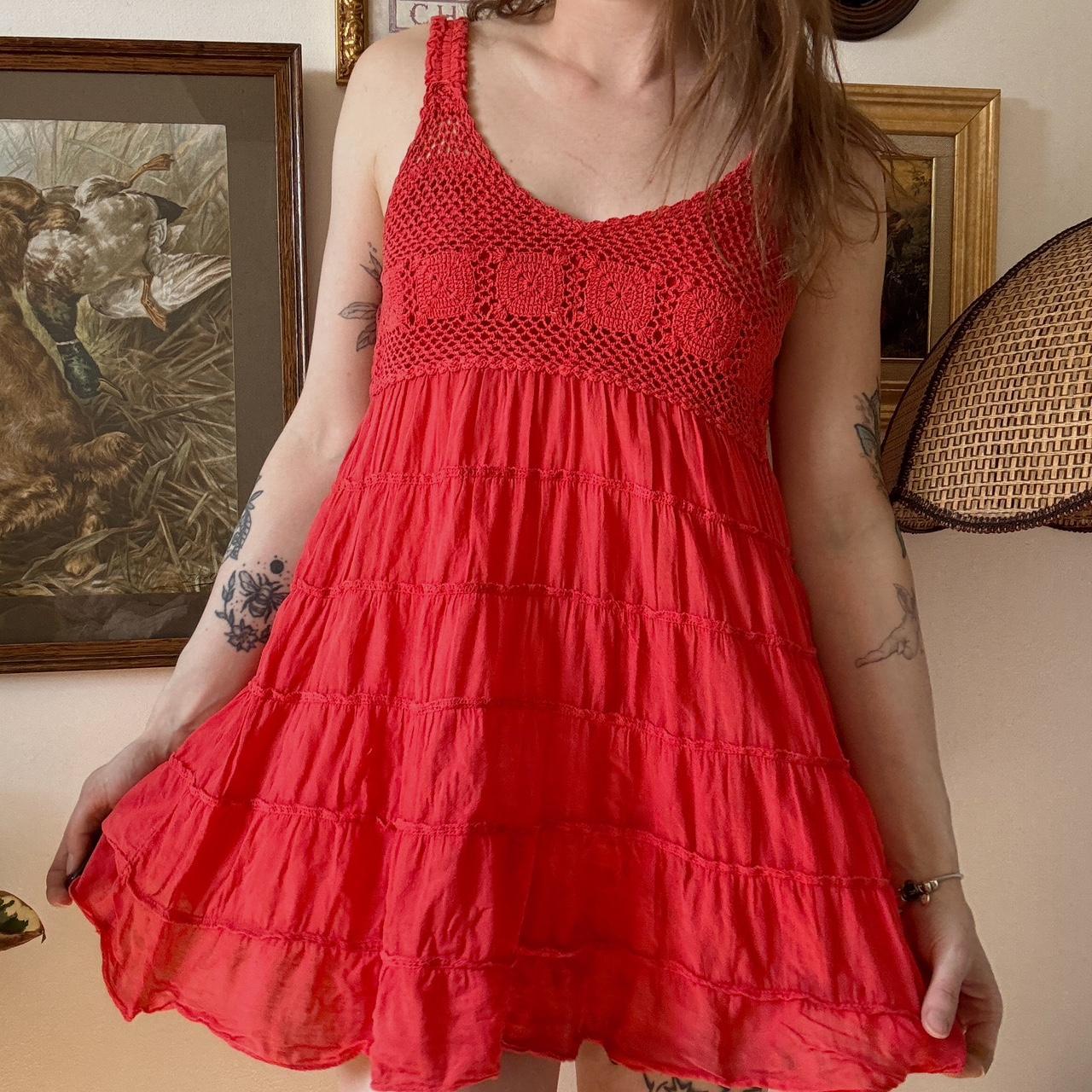 Red crochet boho mini dress (S)