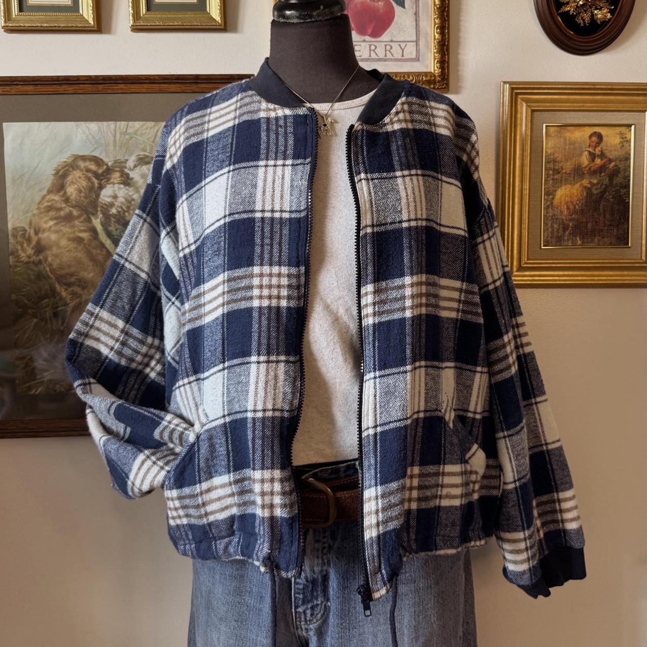 Blue plaid flannel bomber jacket (L)