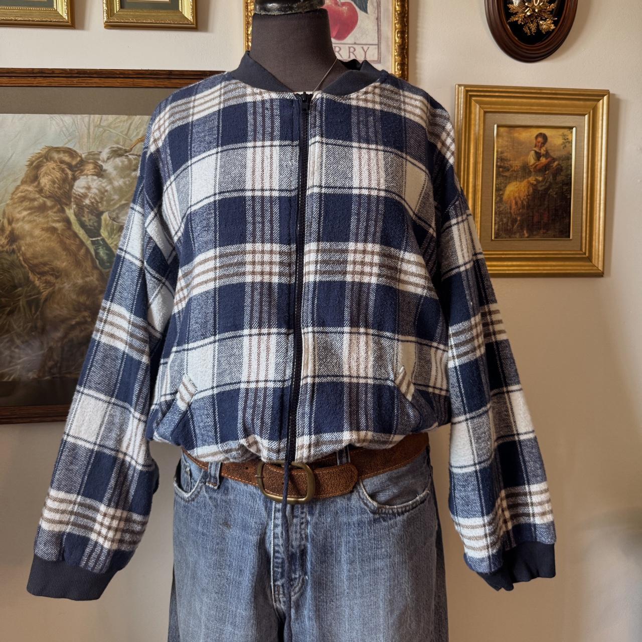 Blue plaid flannel bomber jacket (L)