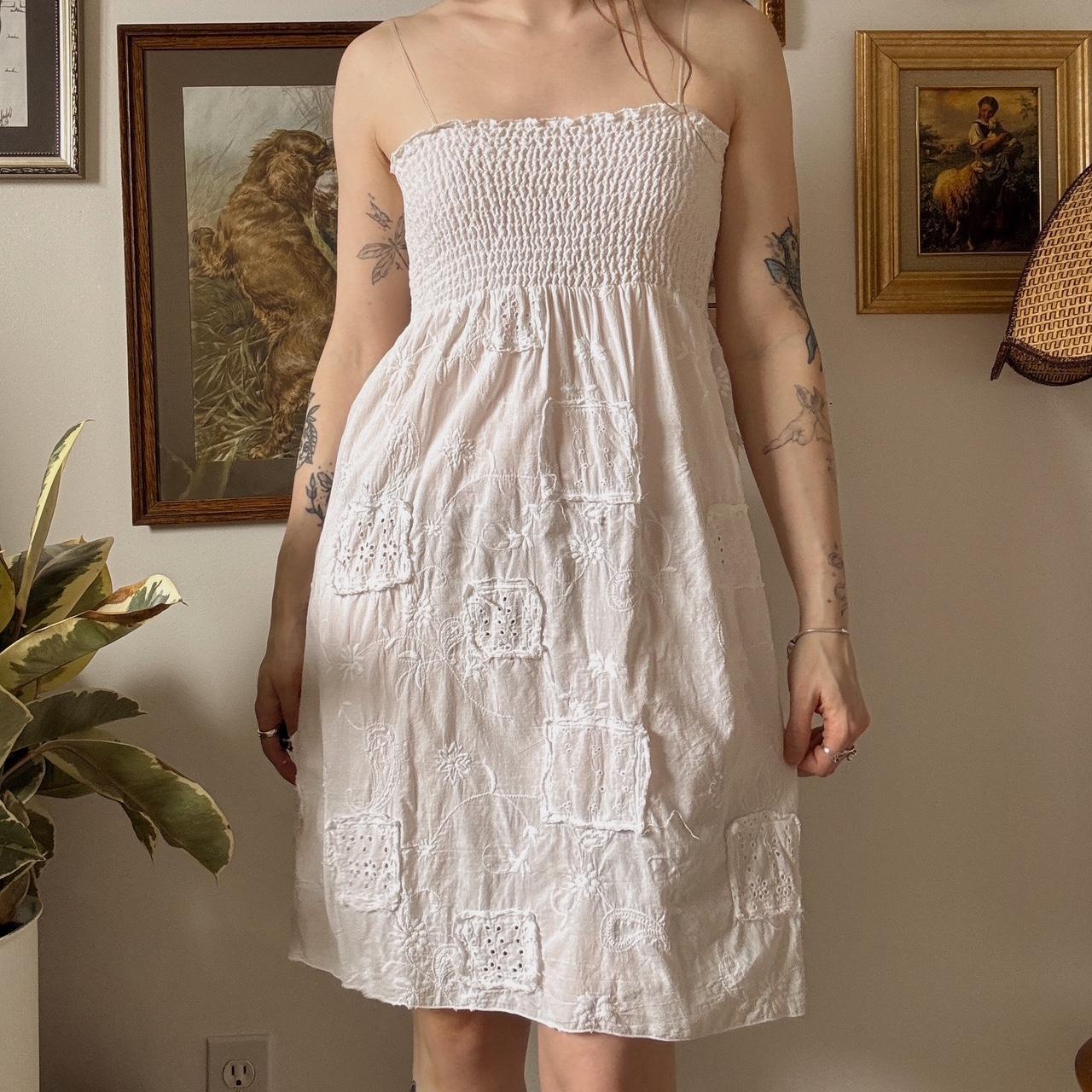Whimsical patchwork white dress (M)