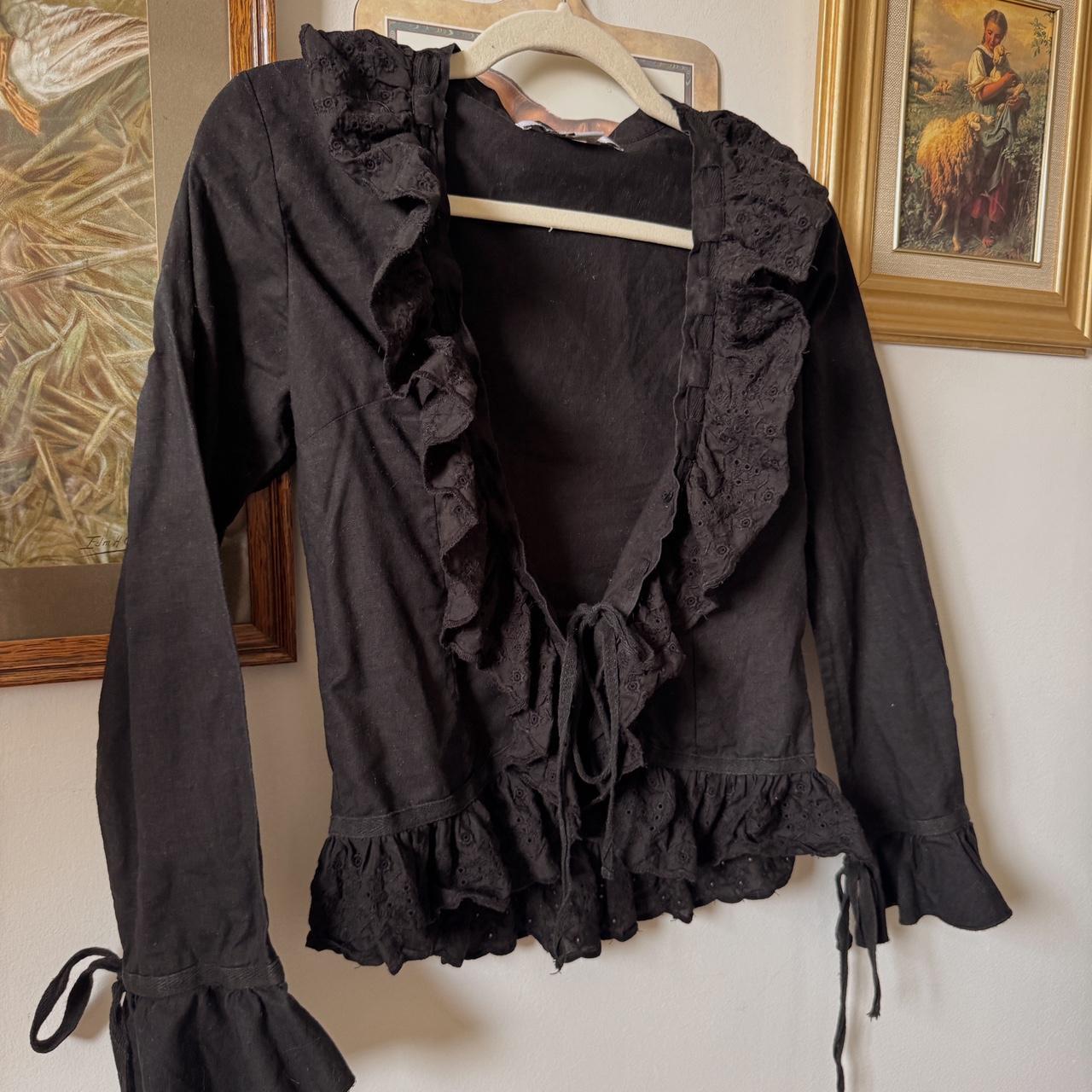 Black ruffle tie front blouse (S)