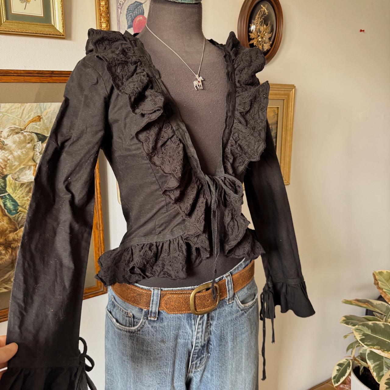 Black ruffle tie front blouse (S)