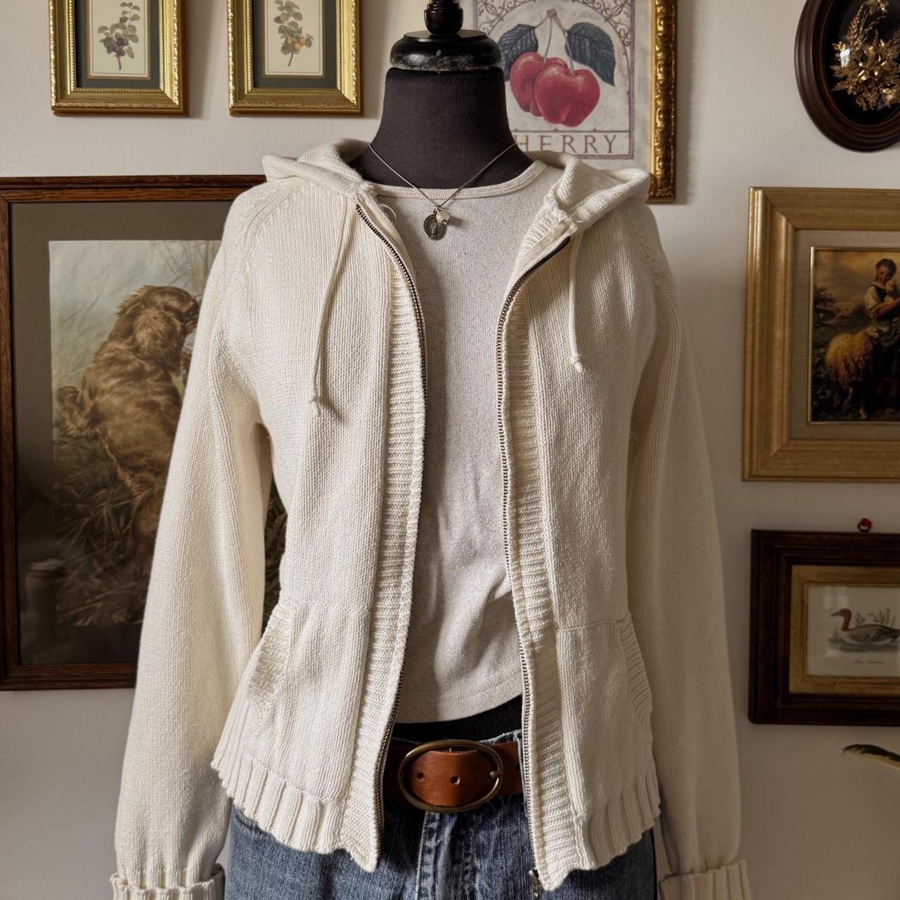 Cream white cotton knit hoodie (M)
