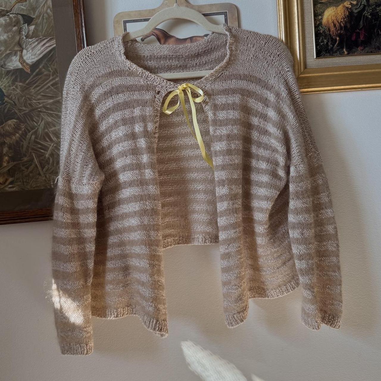 Cream striped hand knit cardigan (S/M)
