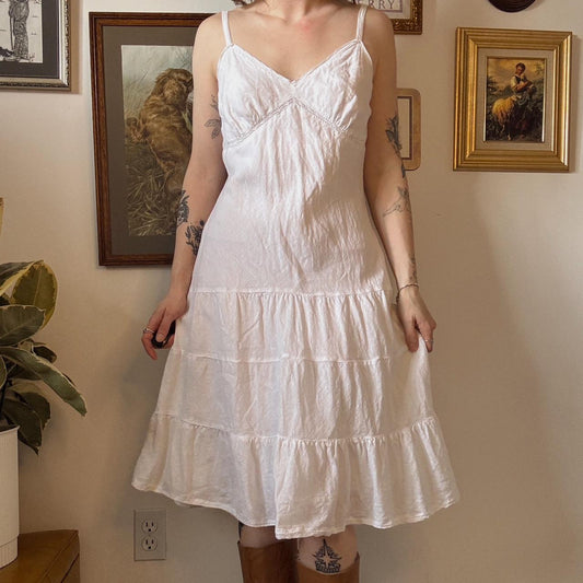 White tiered linen midi dress