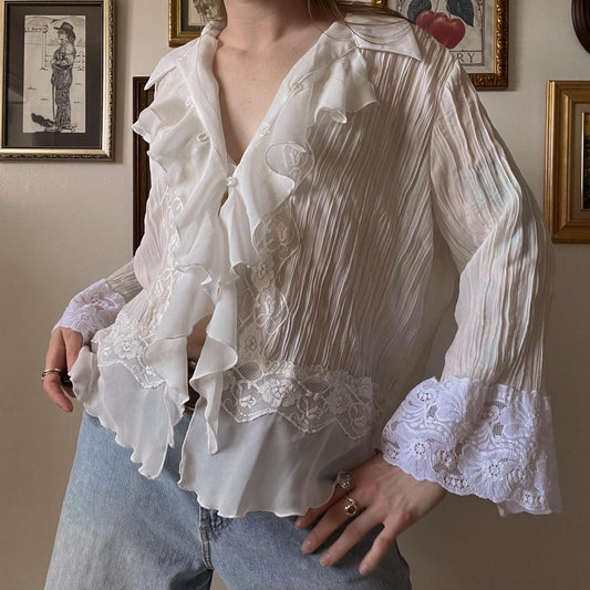 White lace ruffle blouse (M)