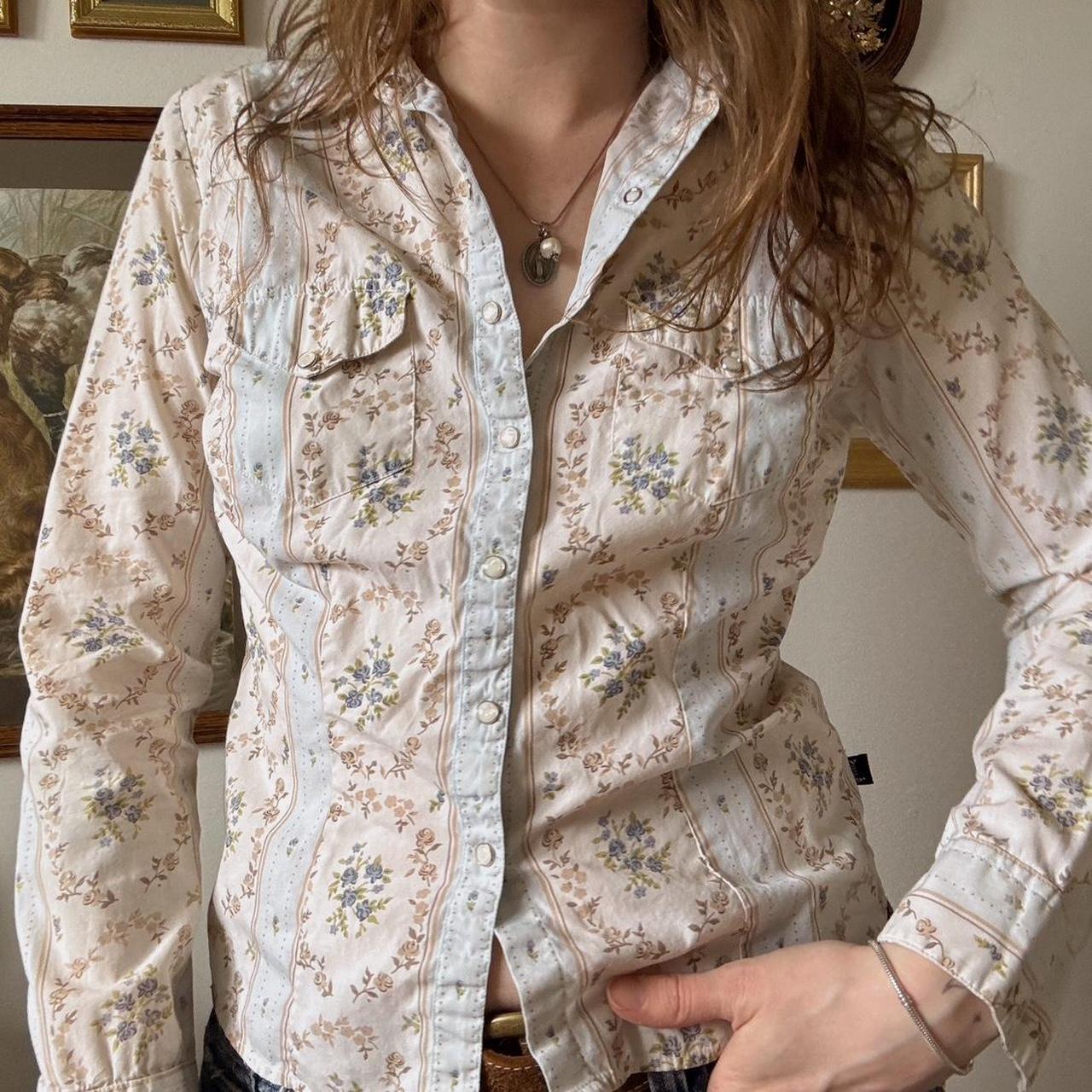Cream and blue floral western button-up (S)
