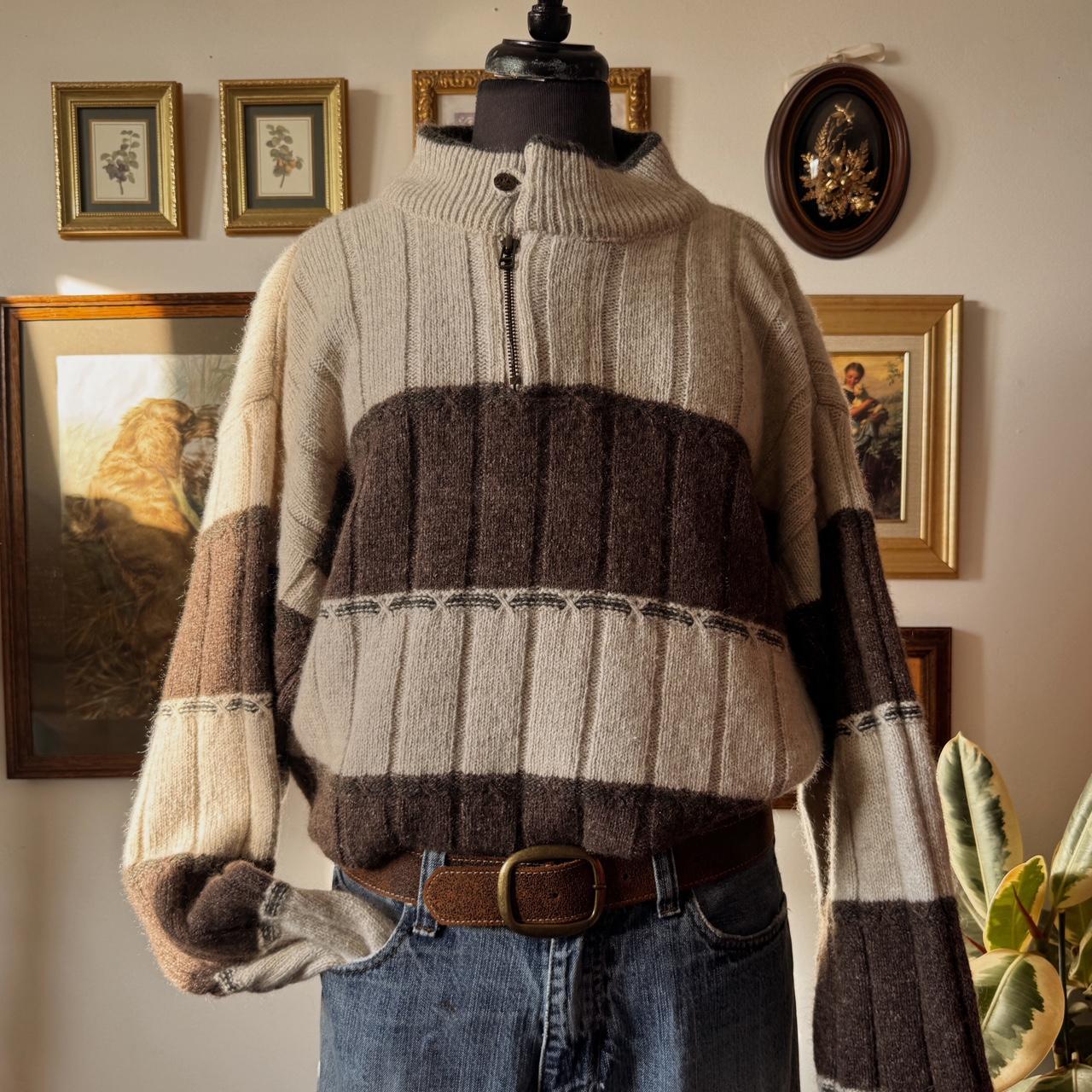 Brown & cream striped wool knit sweater (L)
