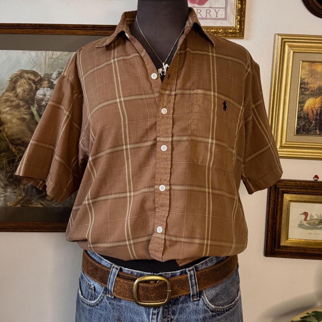 Earthy brown cotton plaid button up (M)