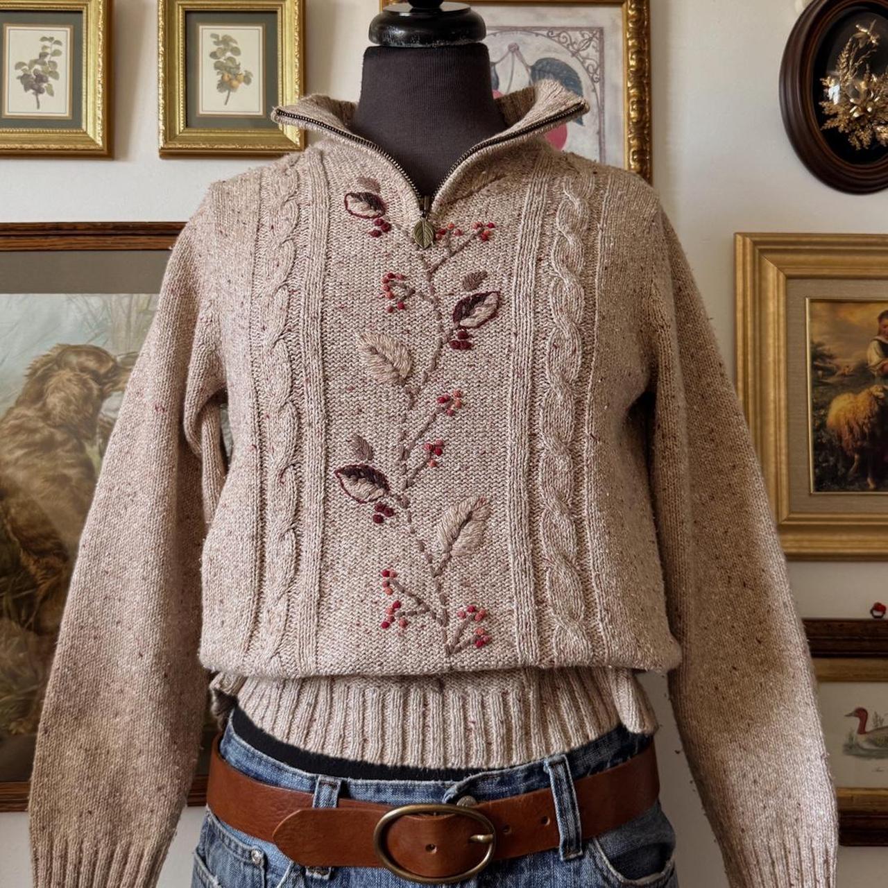 Oatmeal knit autumn embroidered sweater (XS)