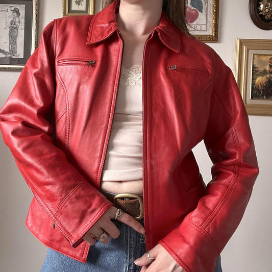 Cherry red leather jacket (L)