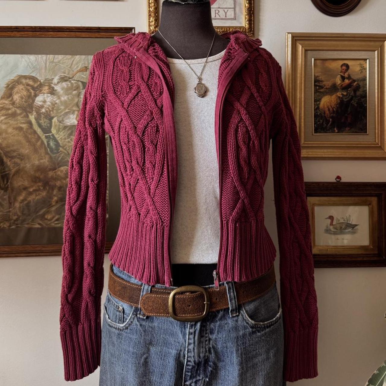 Burgundy cable knit zip up sweater (S)
