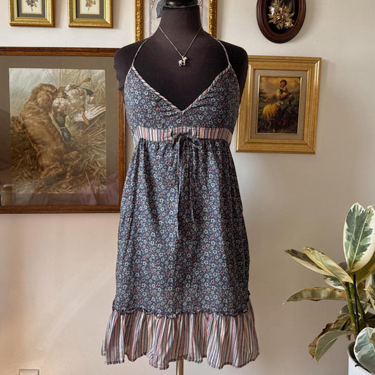 Navy floral y2k halter mini dress (S)