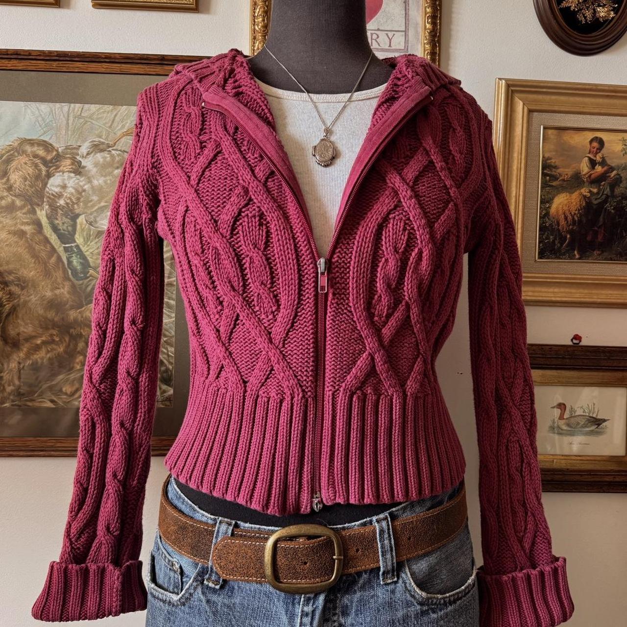 Burgundy cable knit zip up sweater (S)