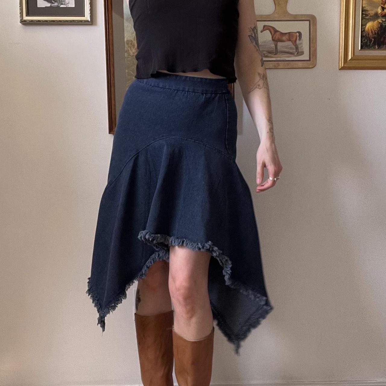 Asymmetrical denim midi skirt (24")