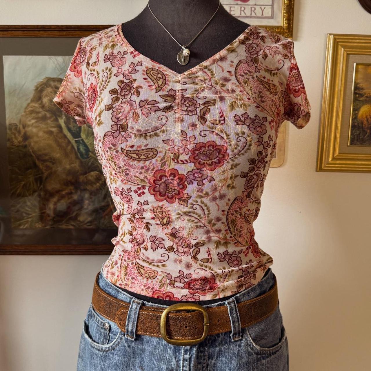 Pink mesh floral baby tee (S)