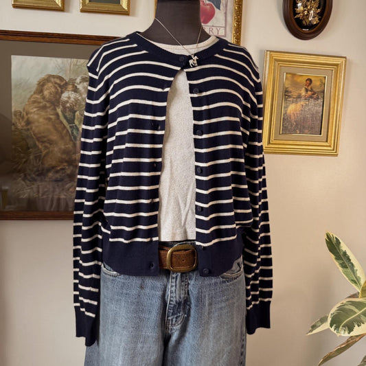 Navy striped knit cardigan (L)