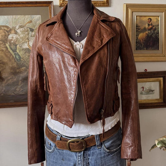 Vintage boho brown leather jacket (XS)