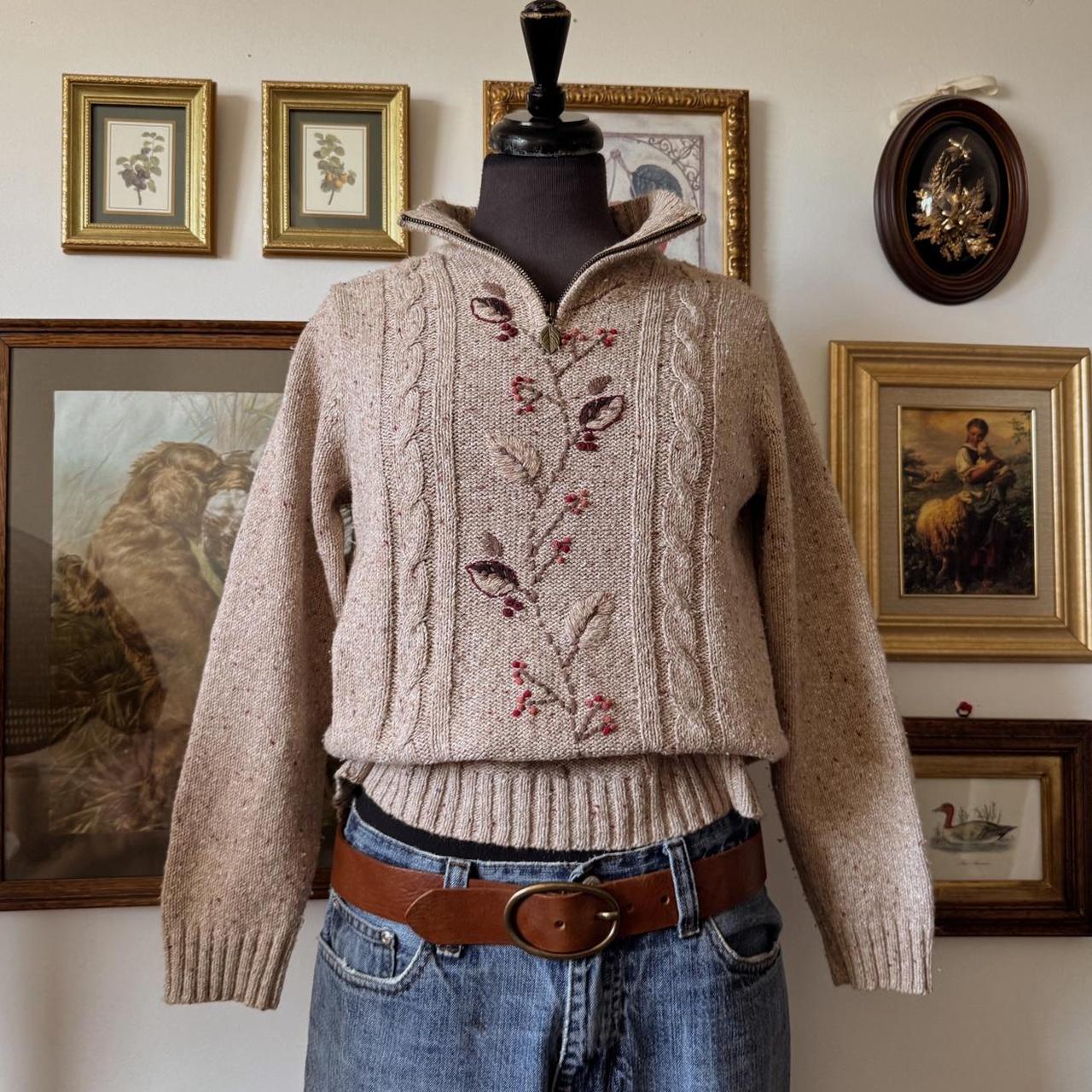Oatmeal knit autumn embroidered sweater (XS)