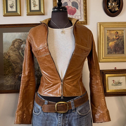 Y2K golden brown leather jacket (XS)