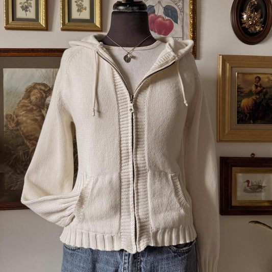 Cream white cotton knit hoodie (M)