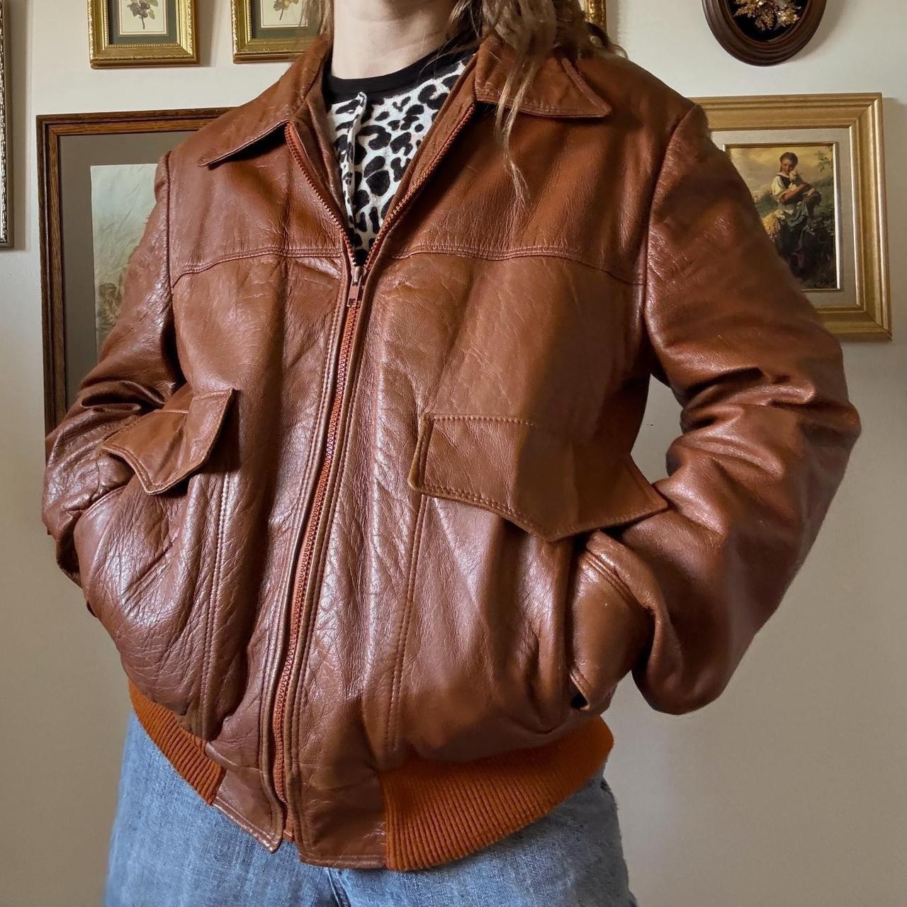 Chestnut brown leather bomber jacket (L)