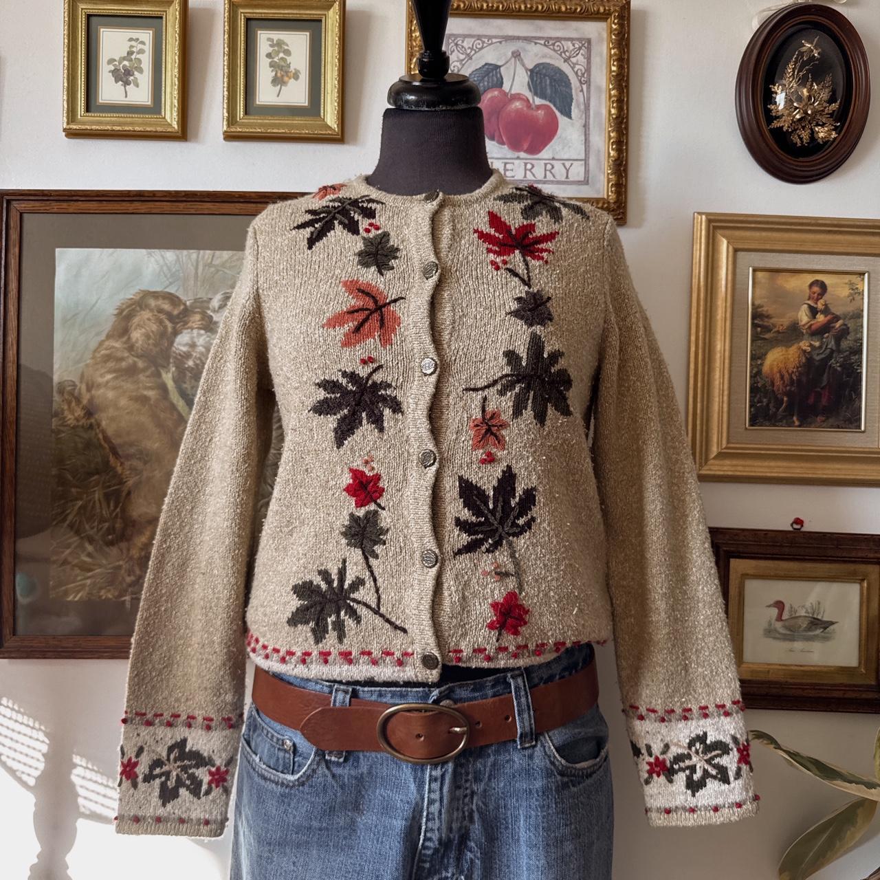 Oatmeal fall leaves embroidered cardigan (S)