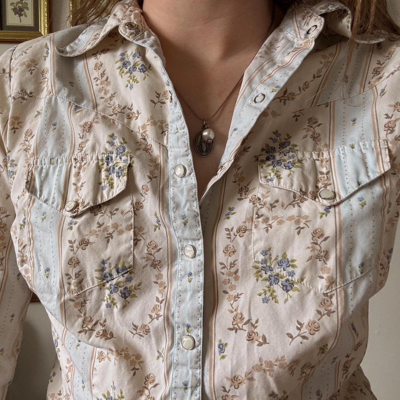 Cream and blue floral western button-up (S)