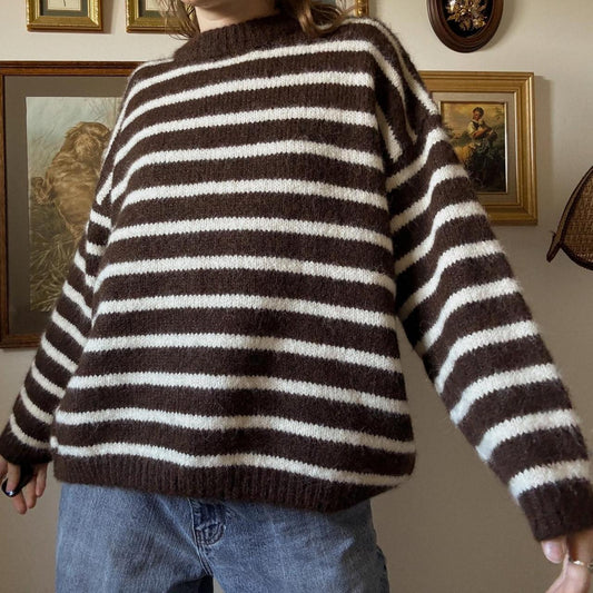 Brown stripe chunky knit sweater (L)