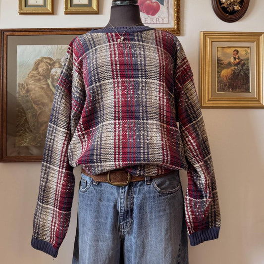 Vintage plaid knit slouchy sweater (L)