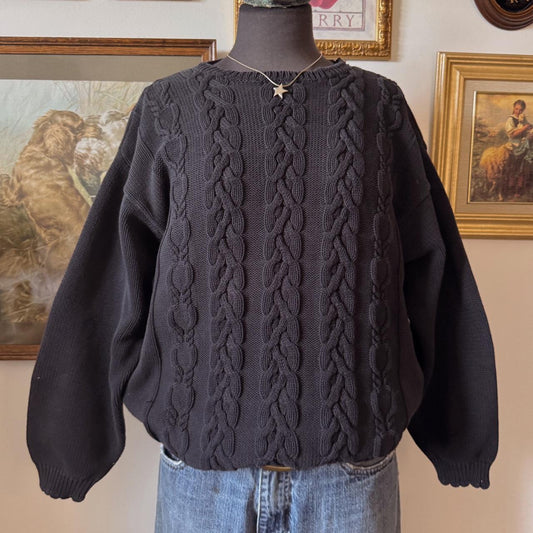 Black cotton cable knit sweater (L)