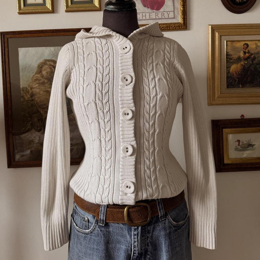 Cream cable knit hooded cardigan (M)
