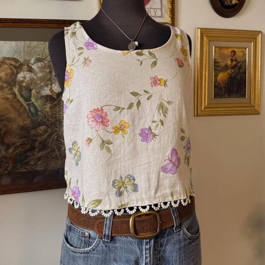 Cream linen butterfly tank top (XS)