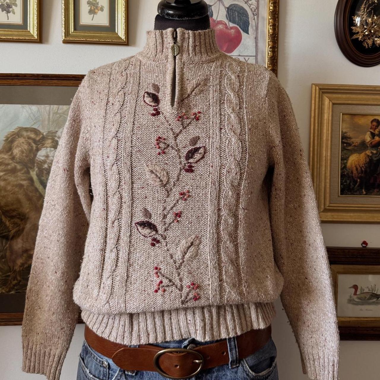 Oatmeal knit autumn embroidered sweater (XS)