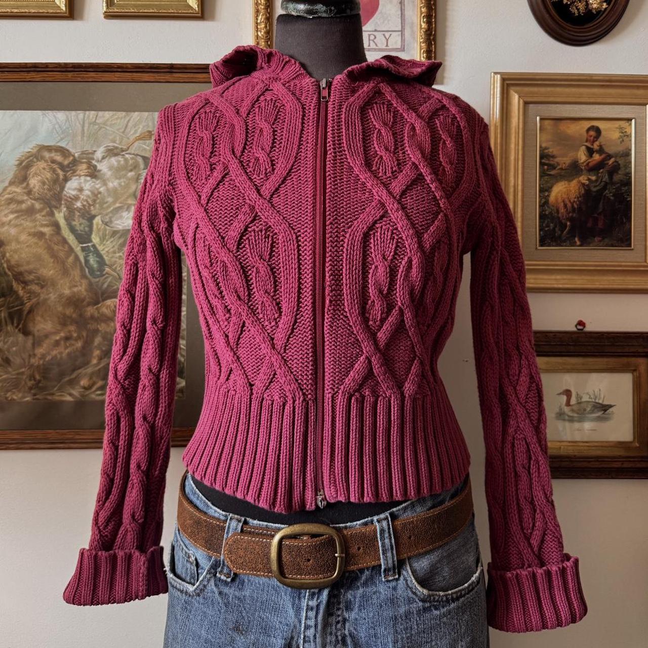 Burgundy cable knit zip up sweater (S)