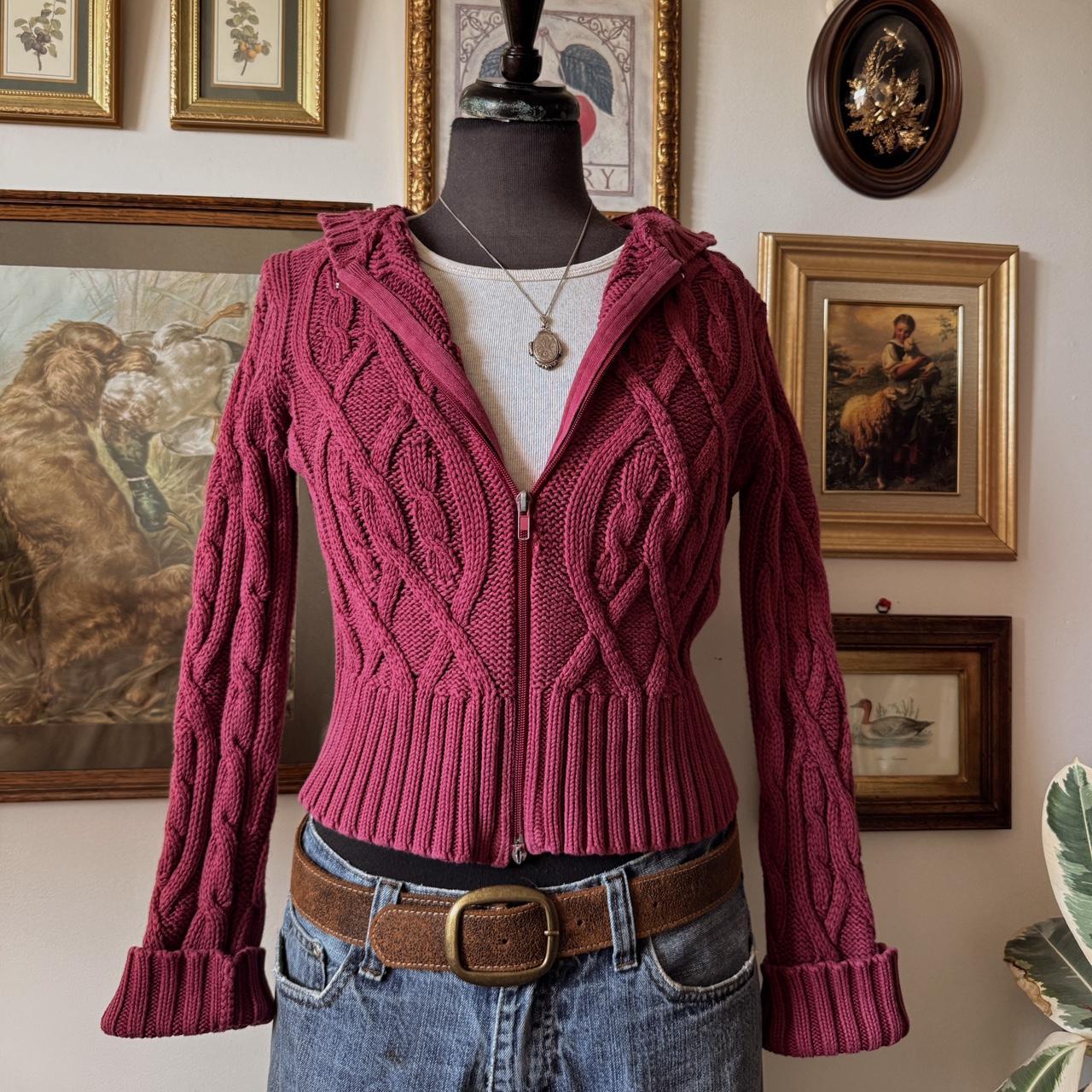 Burgundy cable knit zip up sweater (S)
