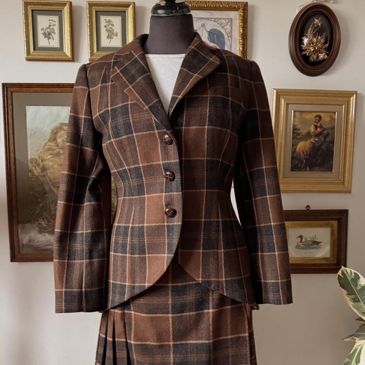Vintage brown plaid wool skirt set (M)