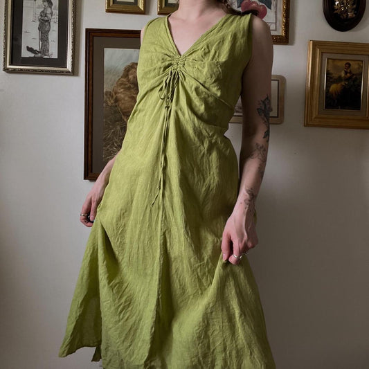 Green linen maxi dress (L)