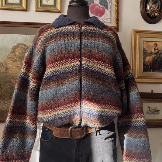 Vintage striped knit zip up sweater (L)