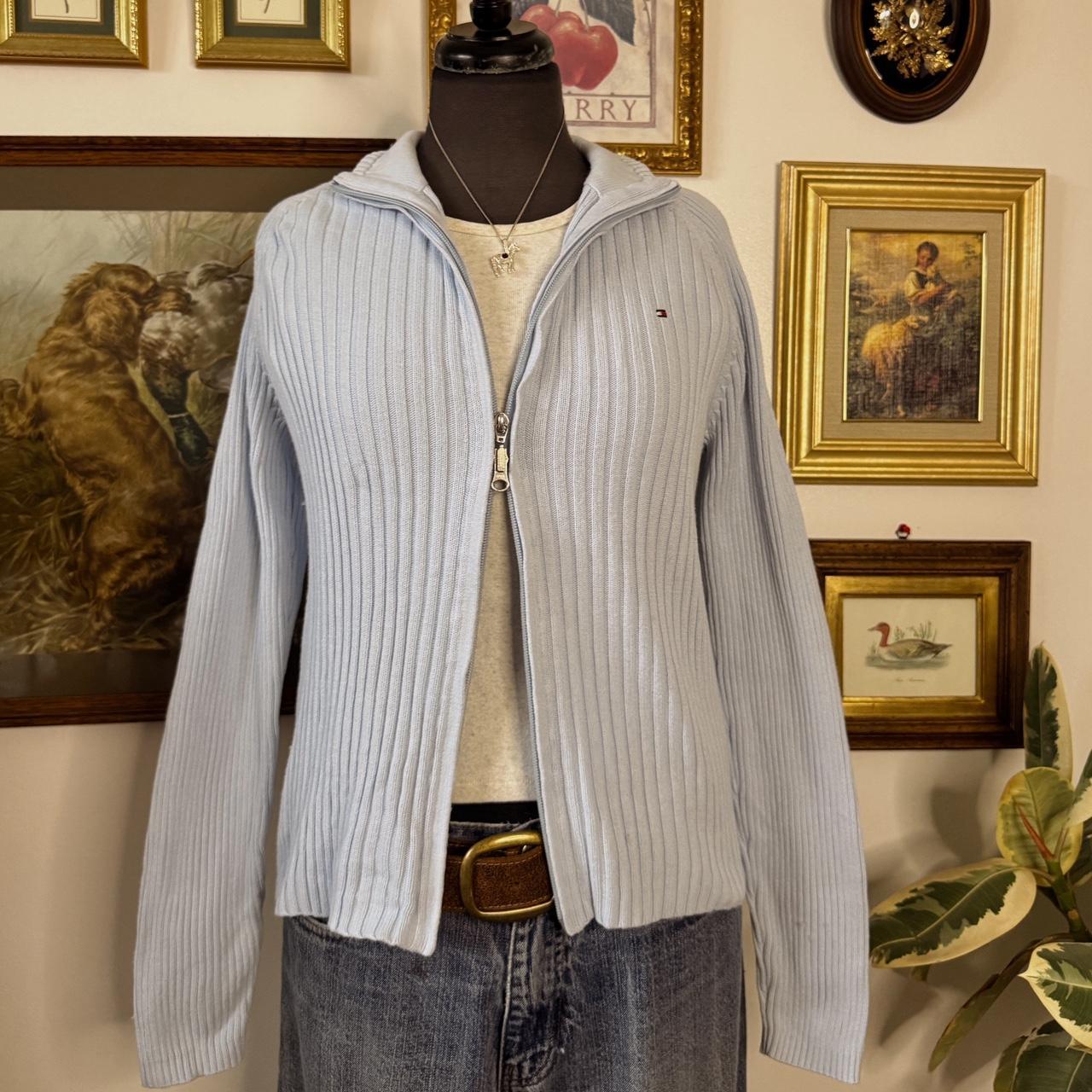 Sky blue knit mock neck zip up (L)