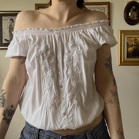 Floral white cottage blouse (M)