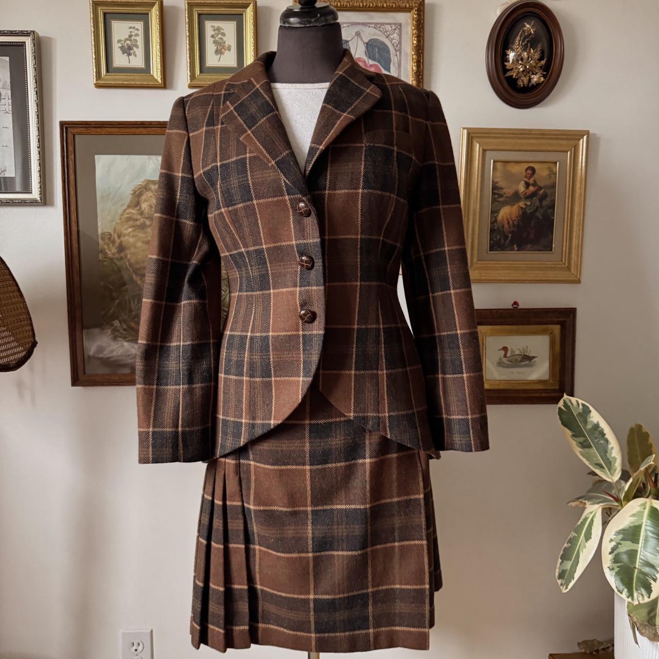 Vintage brown plaid wool skirt set (M)